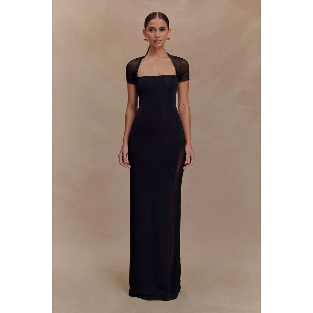 Meshki Wyatt Dress Womens Small Black Sheer Mesh Cowl Neck Bodycon Maxi Formal